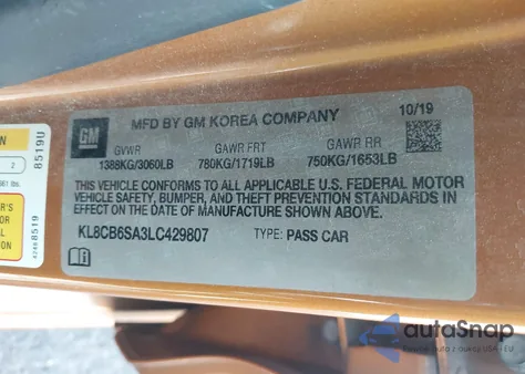 2020 Chevrolet Spark Fwd Ls Automatic z USA, uszkodzony, nr VIN KL8CB6SA3LC429807